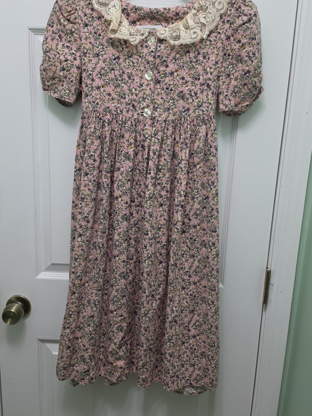 Vintage 80s Chorus Line Kids Dress Size 12 Pink Floral Lace Collar Prairie 90s